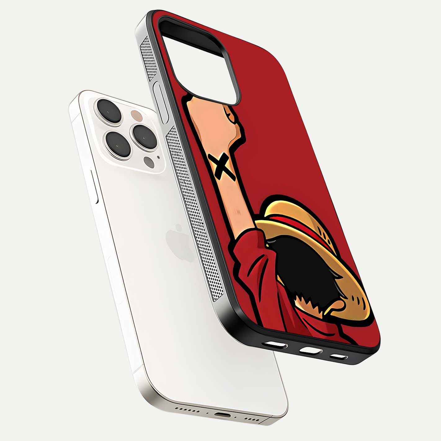Luffy X Spirit Glass Case for iPhone 15 Pro Max floating dual-view mockup showing gloss polish and vibrant color depth