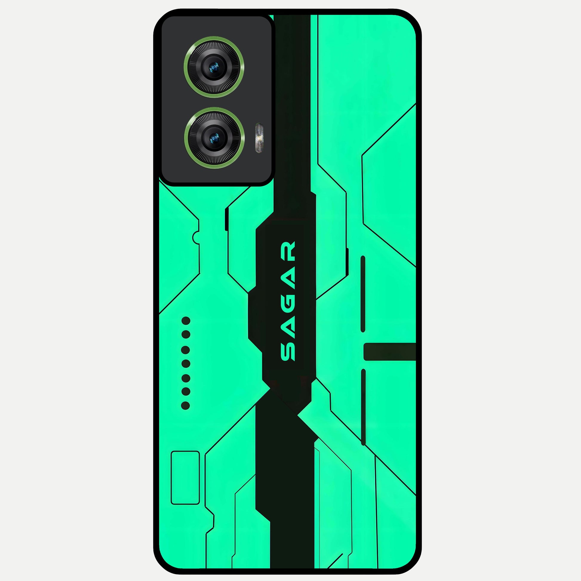  Aqua Tech CYBERPUNK Custom Name Glass Case For Moto Edge 50 Fusion back cover – full design glossy printed glass finish
