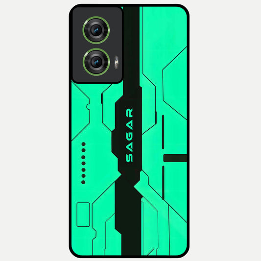  Aqua Tech CYBERPUNK Custom Name Glass Case For Moto Edge 50 Fusion back cover – full design glossy printed glass finish