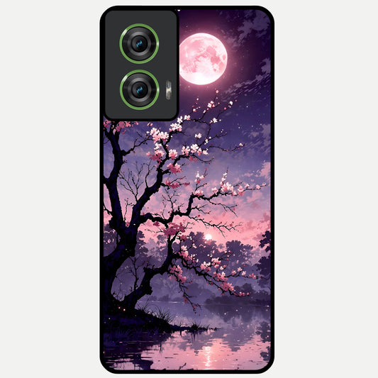  Blossom Pink Moon Glass Case For Moto Edge 50 Fusion back cover – full design glossy printed glass finish