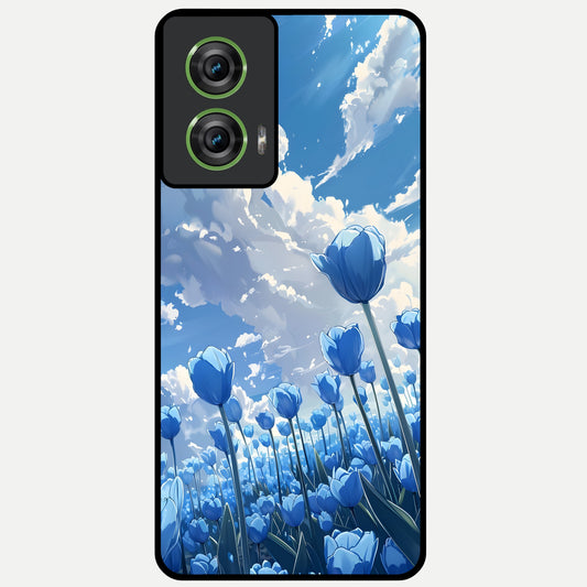  Blue Tulip Clouds Glass Case For Moto Edge 50 Fusion back cover – full design glossy printed glass finish