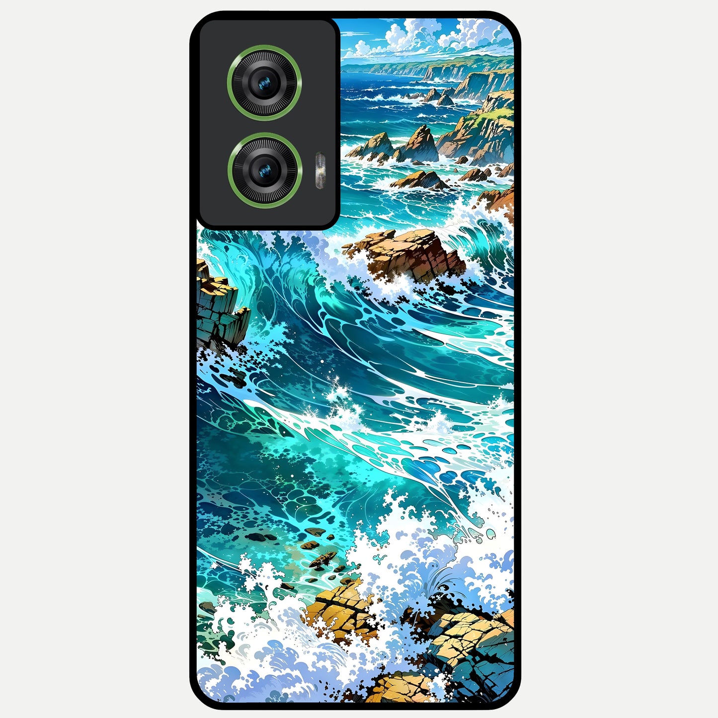  Coastal Blue Waves Glass Case For Moto Edge 50 Fusion back cover – full design glossy printed glass finish