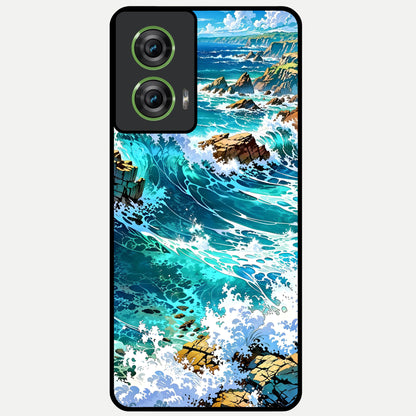  Coastal Blue Waves Glass Case For Moto Edge 50 Fusion back cover – full design glossy printed glass finish