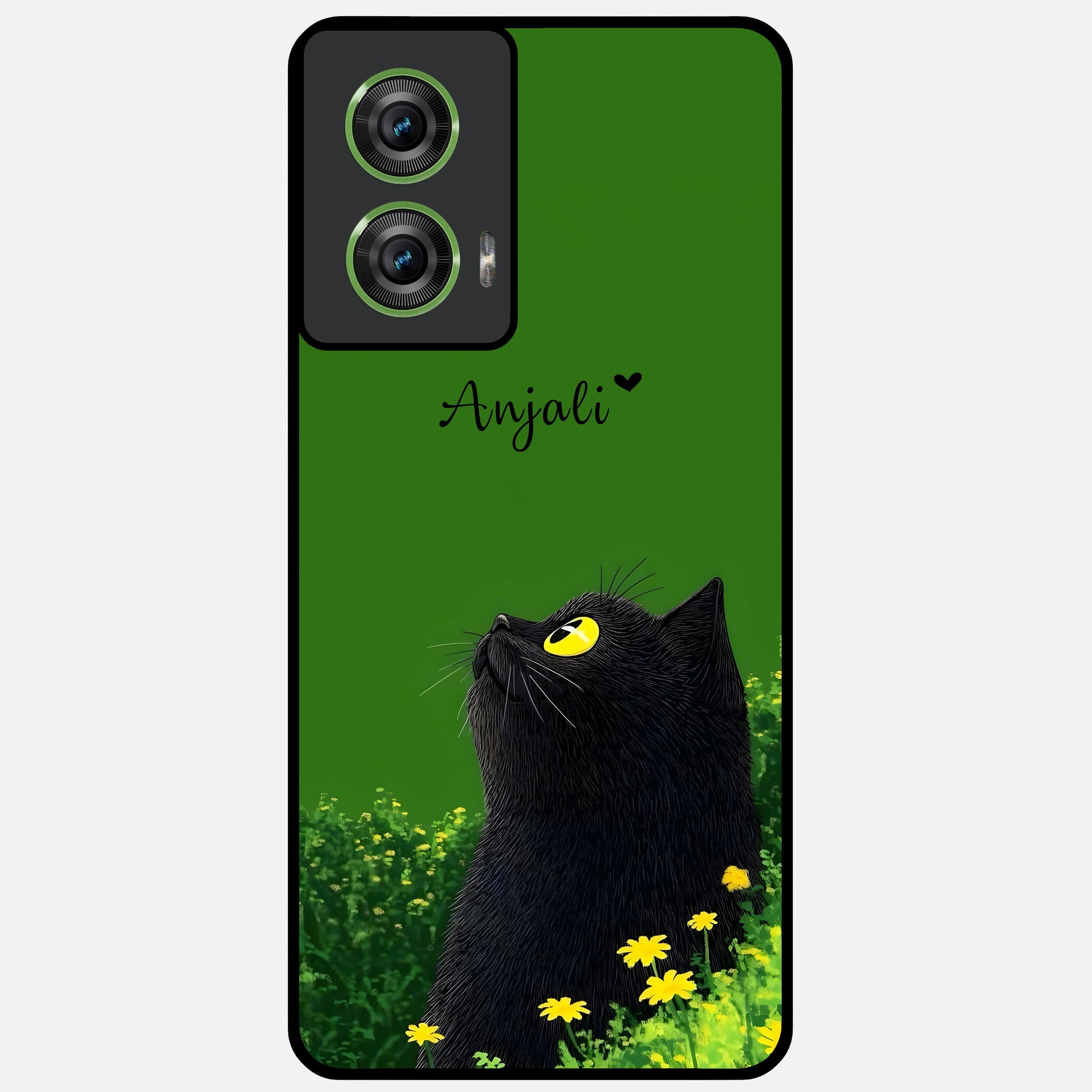  Emerald Cat Custom Name Glass Case For Moto Edge 50 Fusion back cover – full design glossy printed glass finish