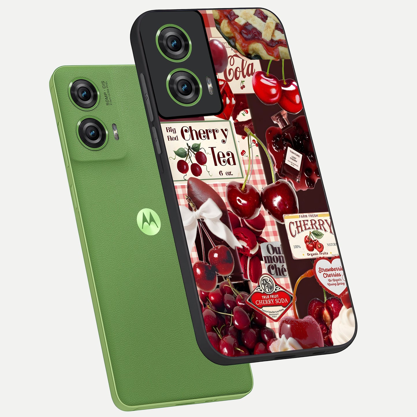  Aesthetic Cherry Tea phone case For Moto Edge 50 Fusion showing premium glass back cover with detailed artwork