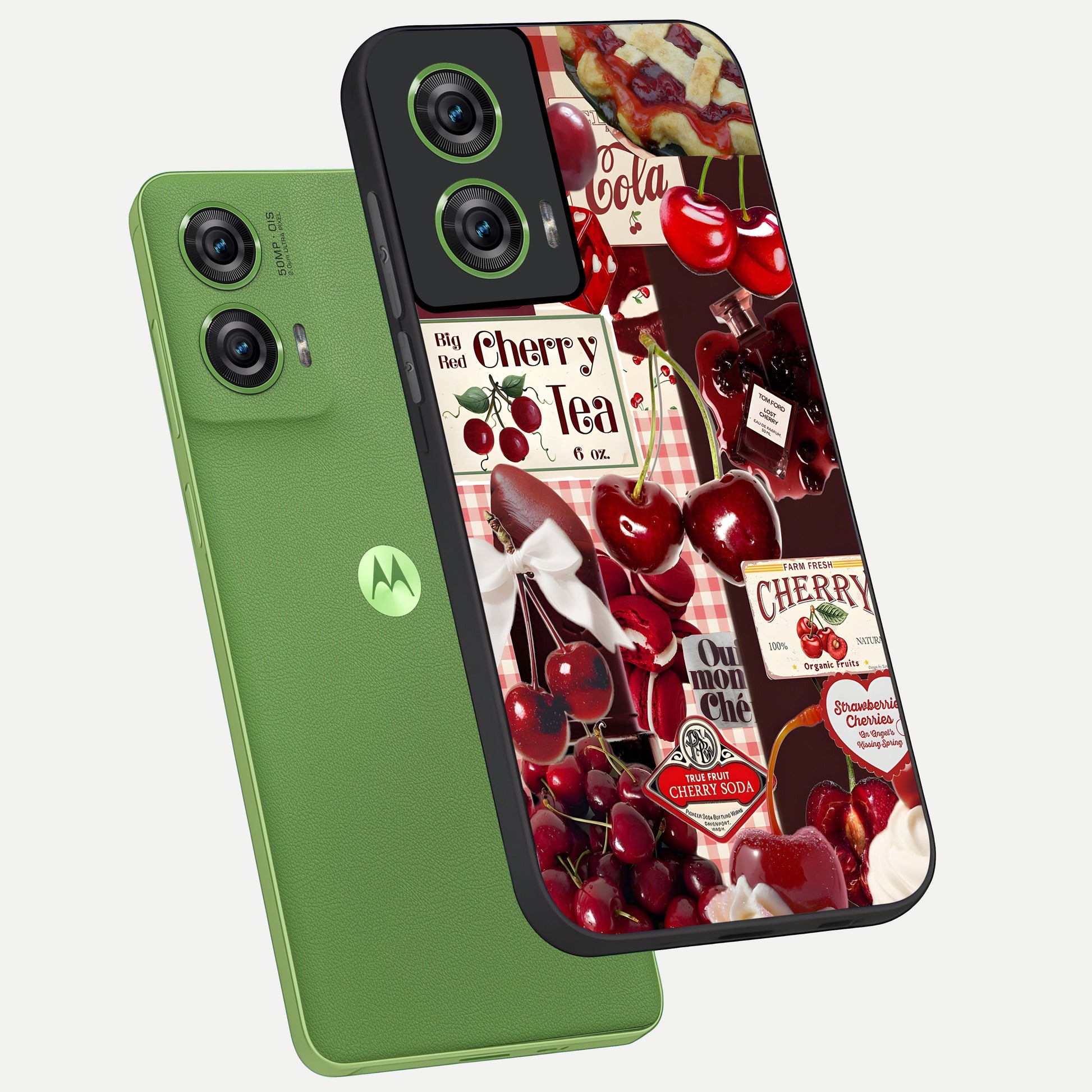  Aesthetic Cherry Tea phone case For Moto Edge 50 Fusion showing premium glass back cover with detailed artwork