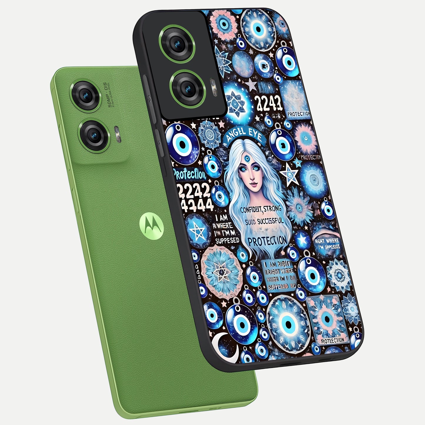  Angel Aura Shield phone case For Moto Edge 50 Fusion showing premium glass back cover with detailed artwork