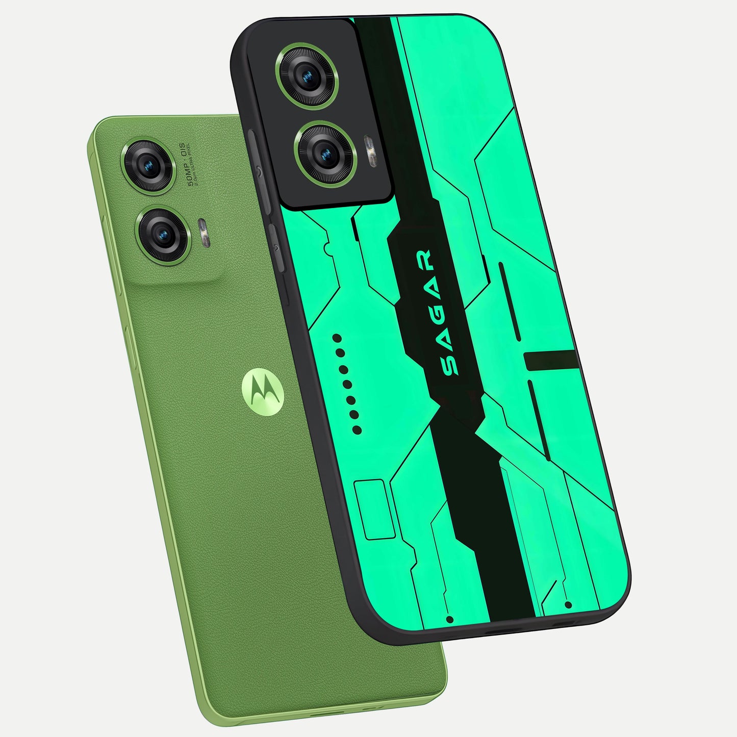  Aqua Tech CYBERPUNK Custom Name phone case For Moto Edge 50 Fusion showing premium glass back cover with detailed artwork