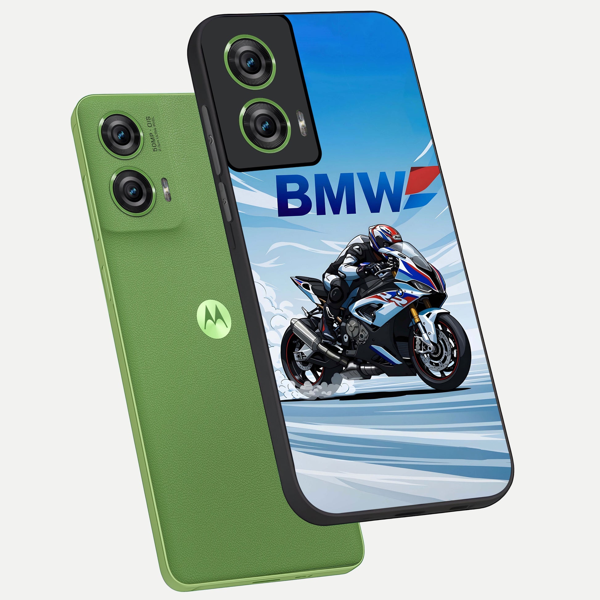  BMW Power Drift phone case For Moto Edge 50 Fusion showing premium glass back cover with detailed artwork