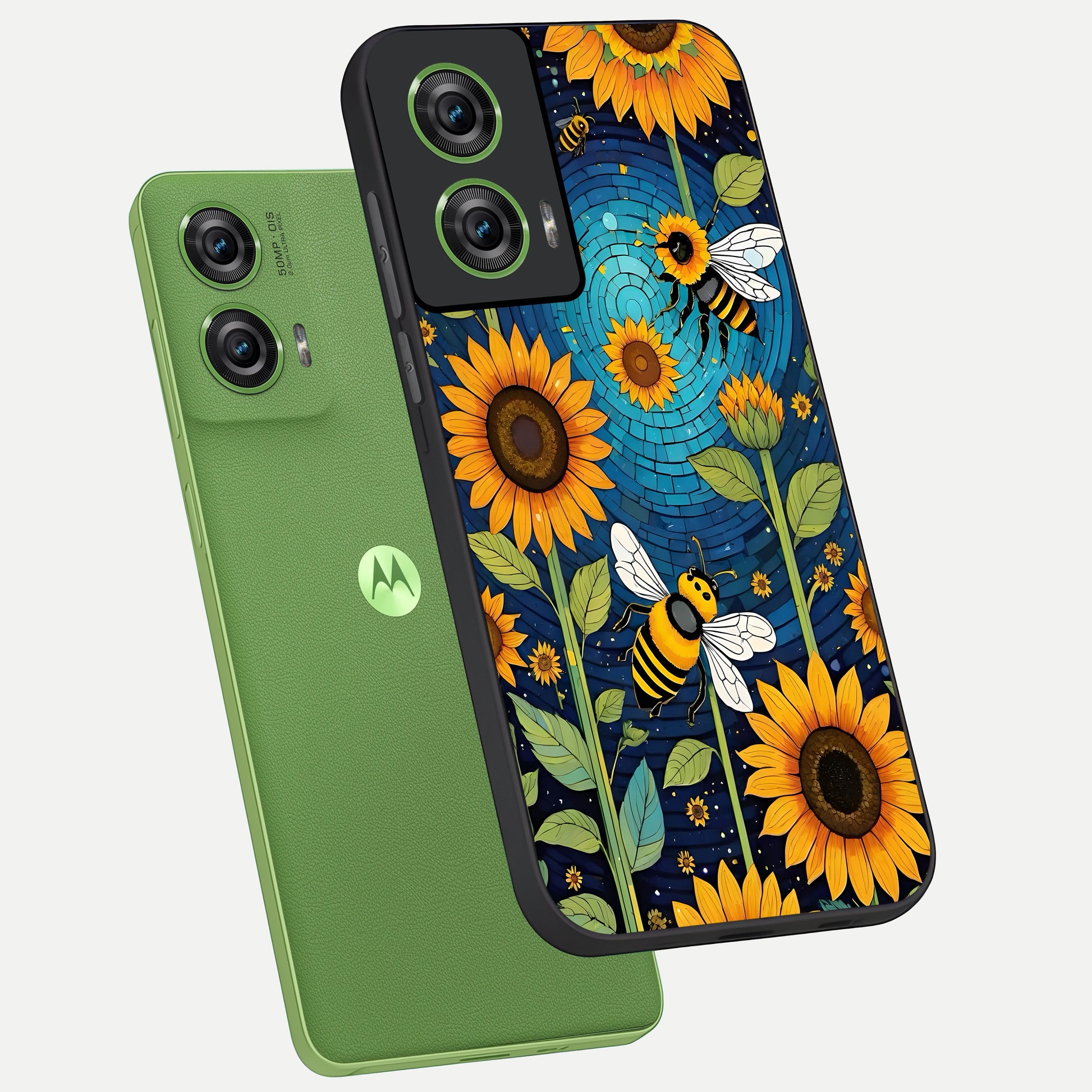  Bees And Sunflowers phone case For Moto Edge 50 Fusion showing premium glass back cover with detailed artwork