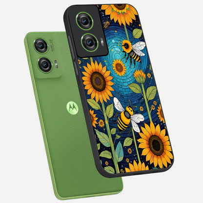  Bees And Sunflowers phone case For Moto Edge 50 Fusion showing premium glass back cover with detailed artwork