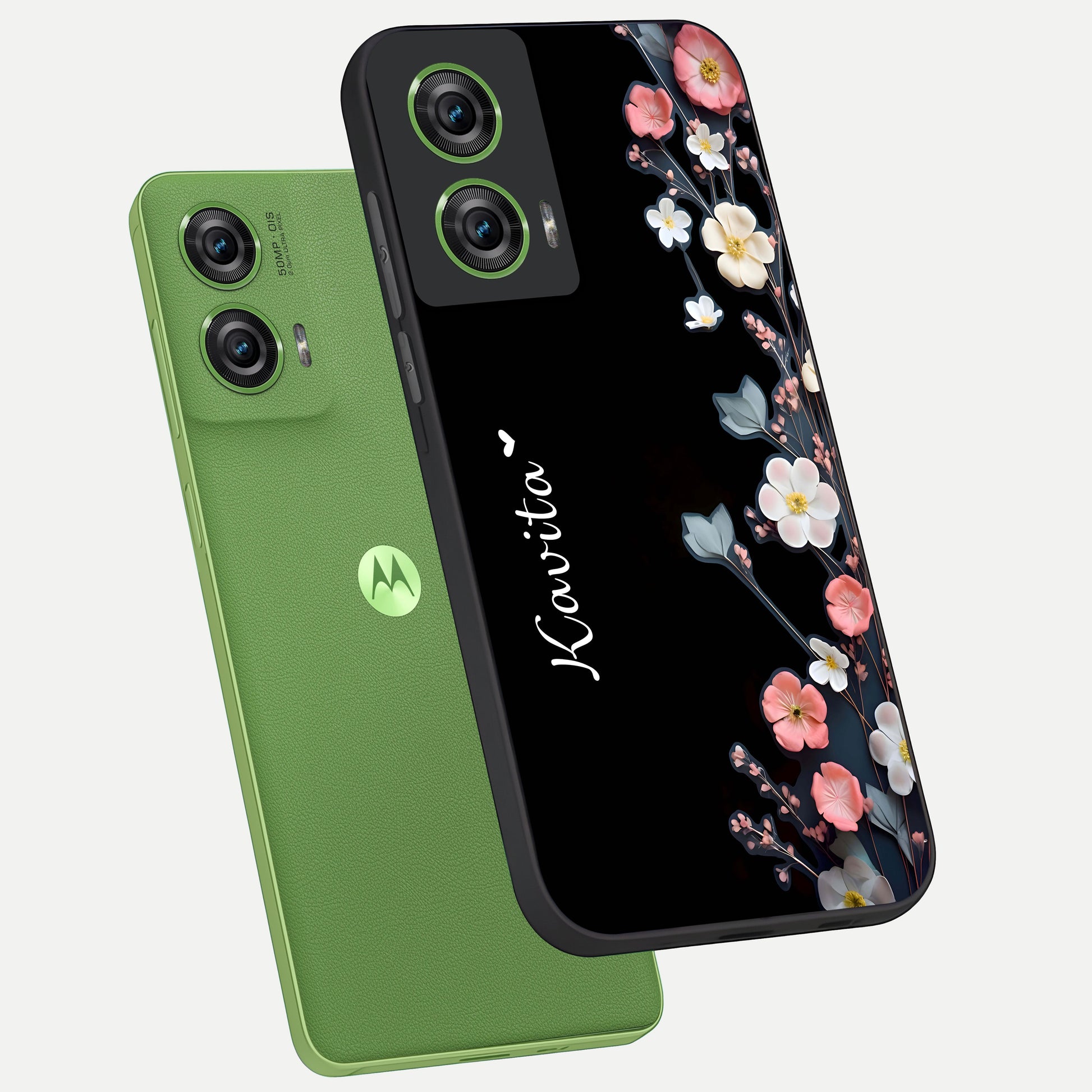  Black Elegance Floral Custom Name phone case For Moto Edge 50 Fusion showing premium glass back cover with detailed artwork