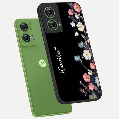  Black Elegance Floral Custom Name phone case For Moto Edge 50 Fusion showing premium glass back cover with detailed artwork
