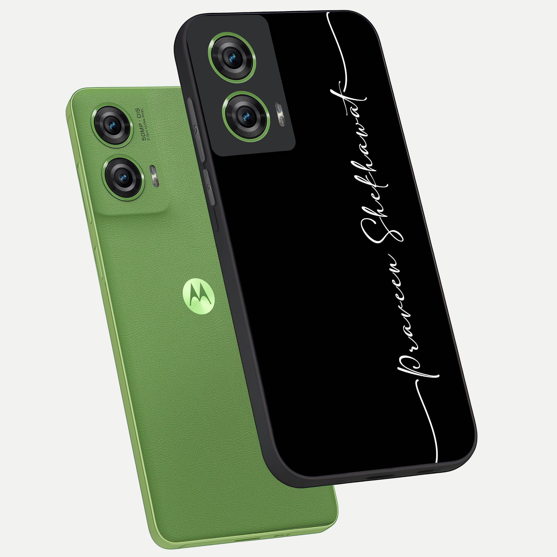  Black Tune Custom Name phone case For Moto Edge 50 Fusion showing premium glass back cover with detailed artwork