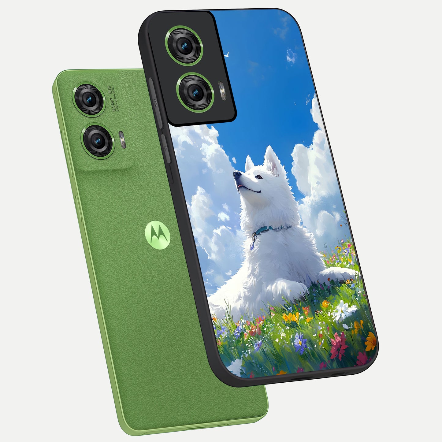  Blissful Cloud Pup phone case For Moto Edge 50 Fusion showing premium glass back cover with detailed artwork