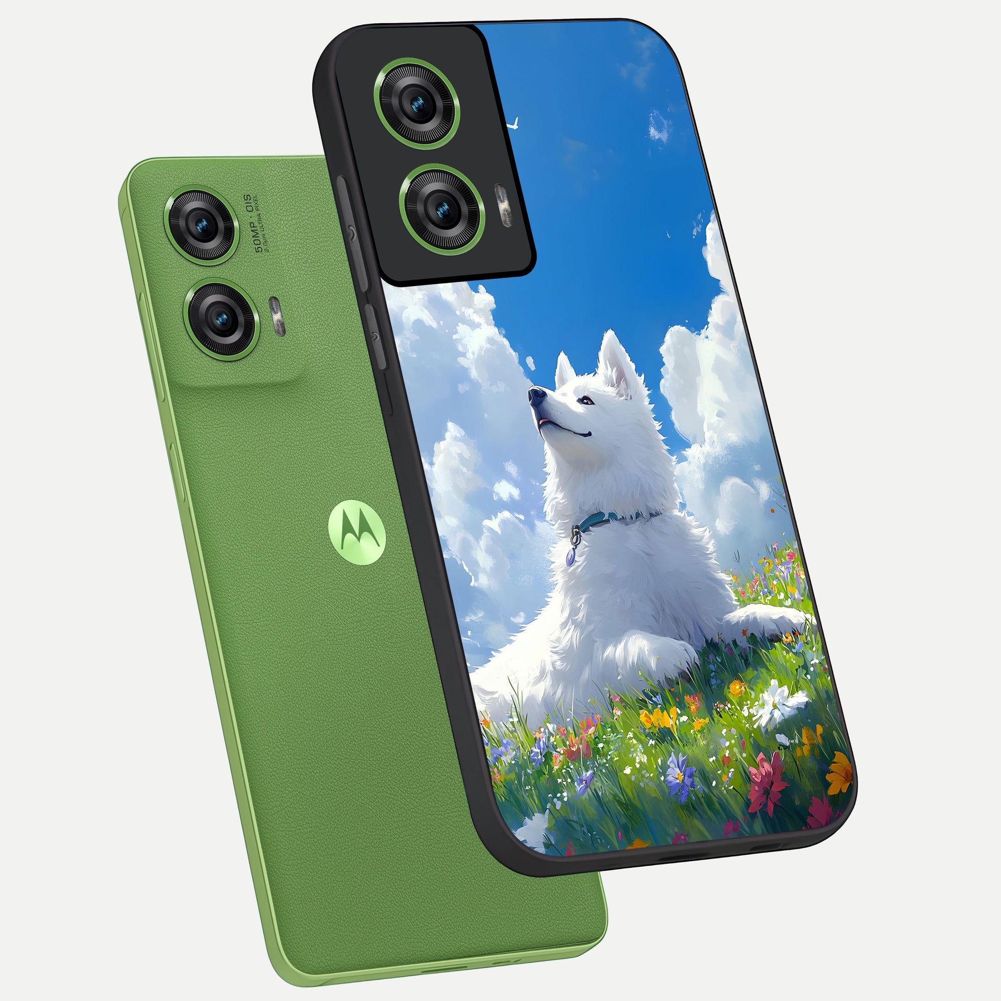  Blissful Cloud Pup phone case For Moto Edge 50 Fusion showing premium glass back cover with detailed artwork