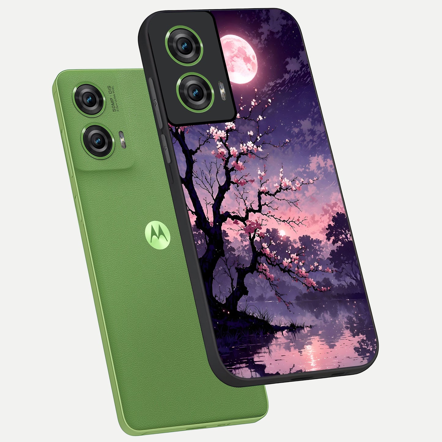  Blossom Pink Moon phone case For Moto Edge 50 Fusion showing premium glass back cover with detailed artwork