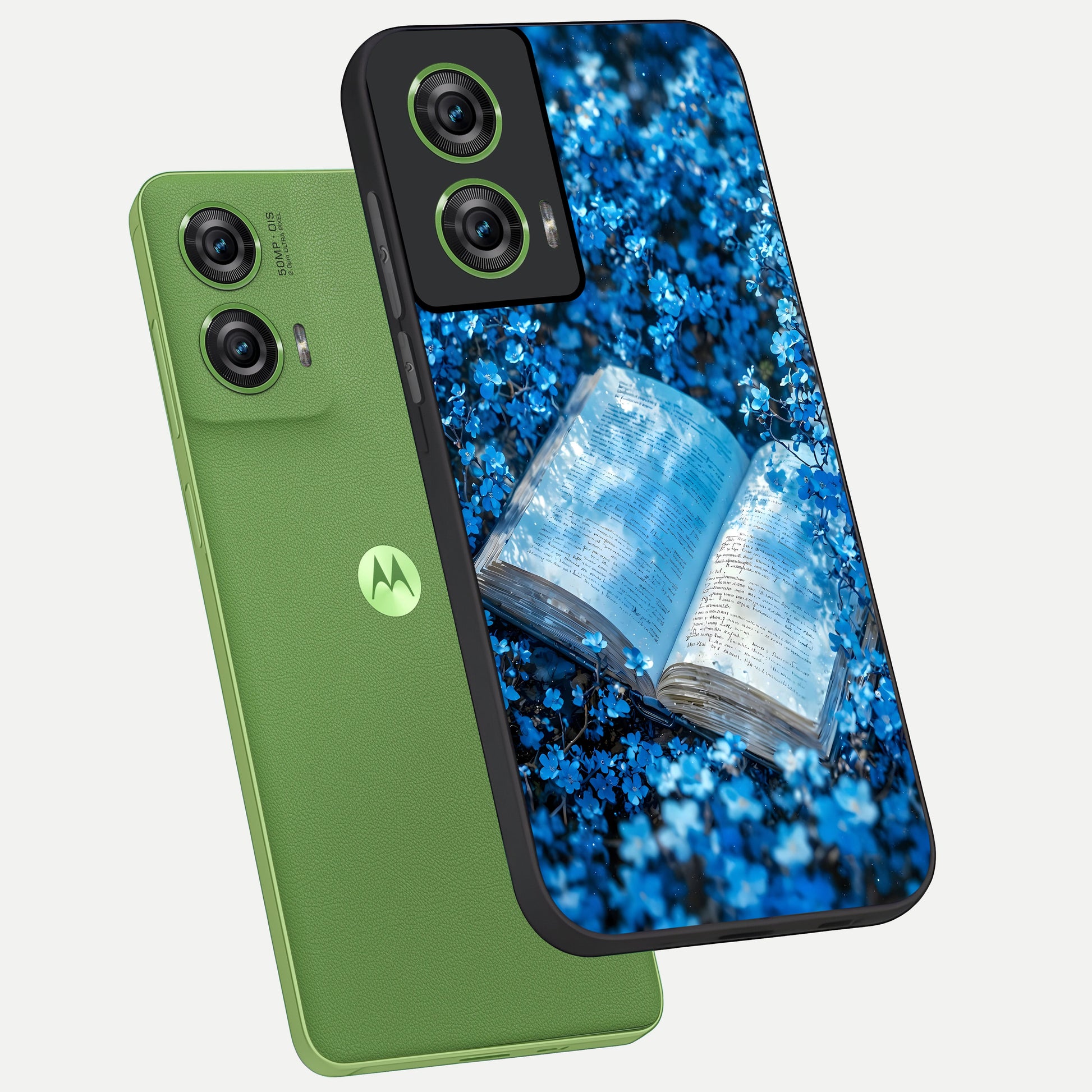  Blue Bloom Tales phone case For Moto Edge 50 Fusion showing premium glass back cover with detailed artwork