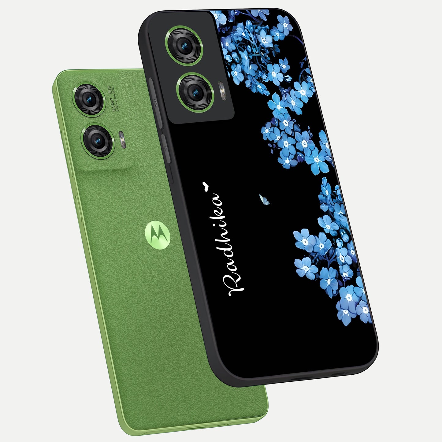  Blue Petal Dream Custom Name phone case For Moto Edge 50 Fusion showing premium glass back cover with detailed artwork