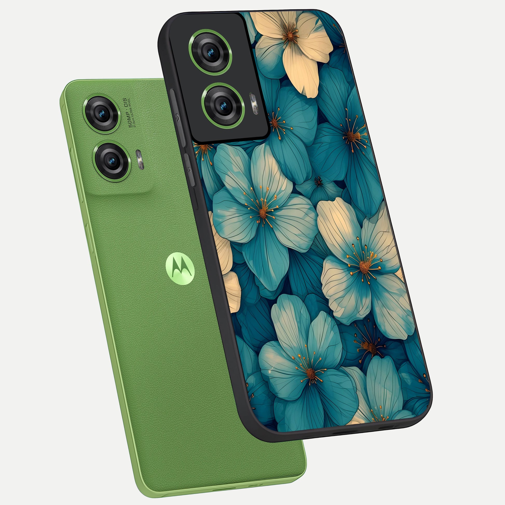  Blue Shade Floral phone case For Moto Edge 50 Fusion showing premium glass back cover with detailed artwork