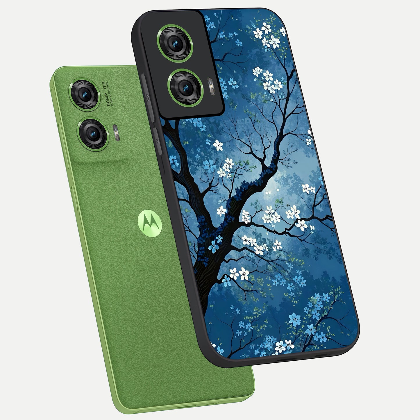 Blue Tree Serenity phone case For Moto Edge 50 Fusion showing premium glass back cover with detailed artwork