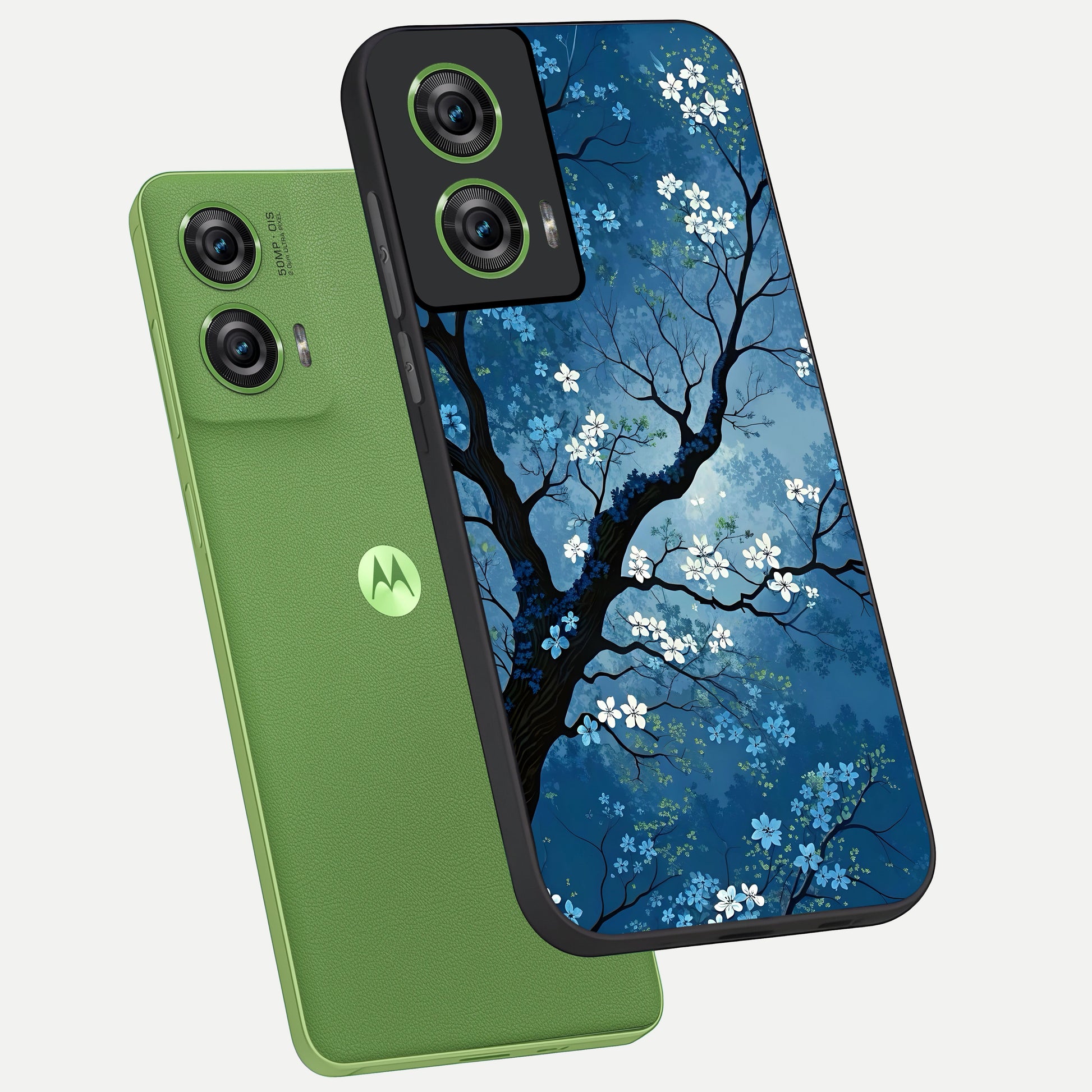  Blue Tree Serenity phone case For Moto Edge 50 Fusion showing premium glass back cover with detailed artwork