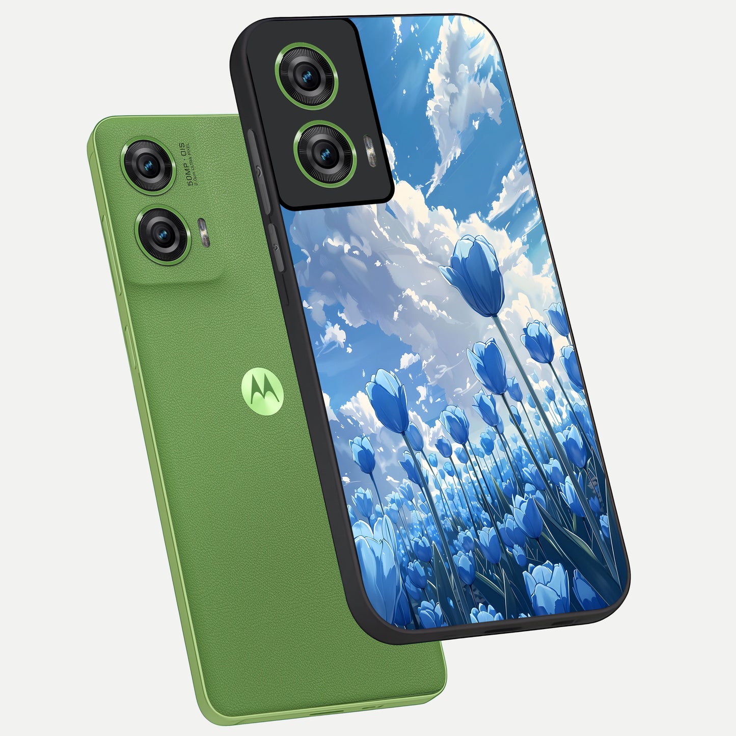  Blue Tulip Clouds phone case For Moto Edge 50 Fusion showing premium glass back cover with detailed artwork