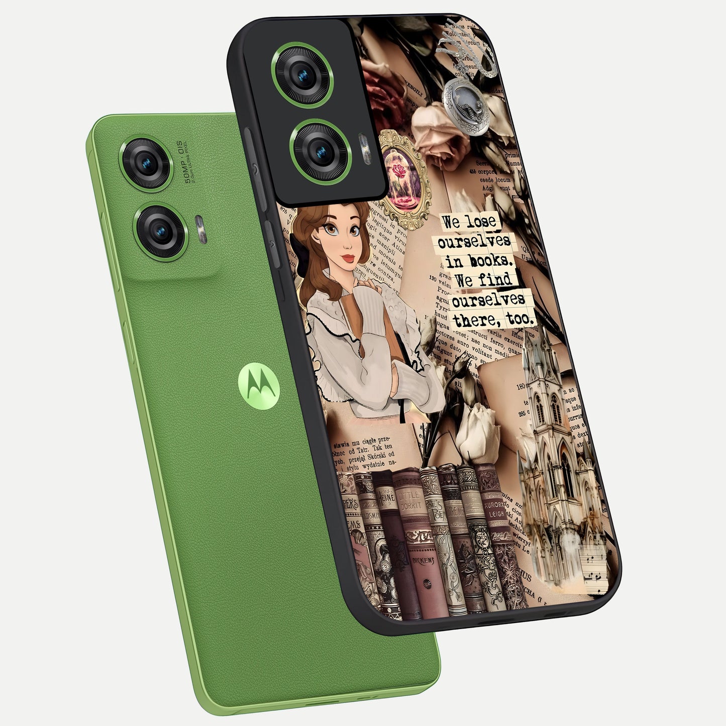  Bookish Dream World phone case For Moto Edge 50 Fusion showing premium glass back cover with detailed artwork