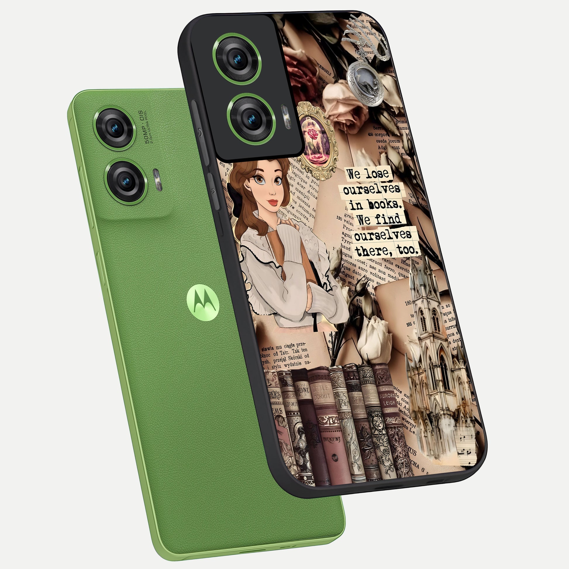  Bookish Dream World phone case For Moto Edge 50 Fusion showing premium glass back cover with detailed artwork