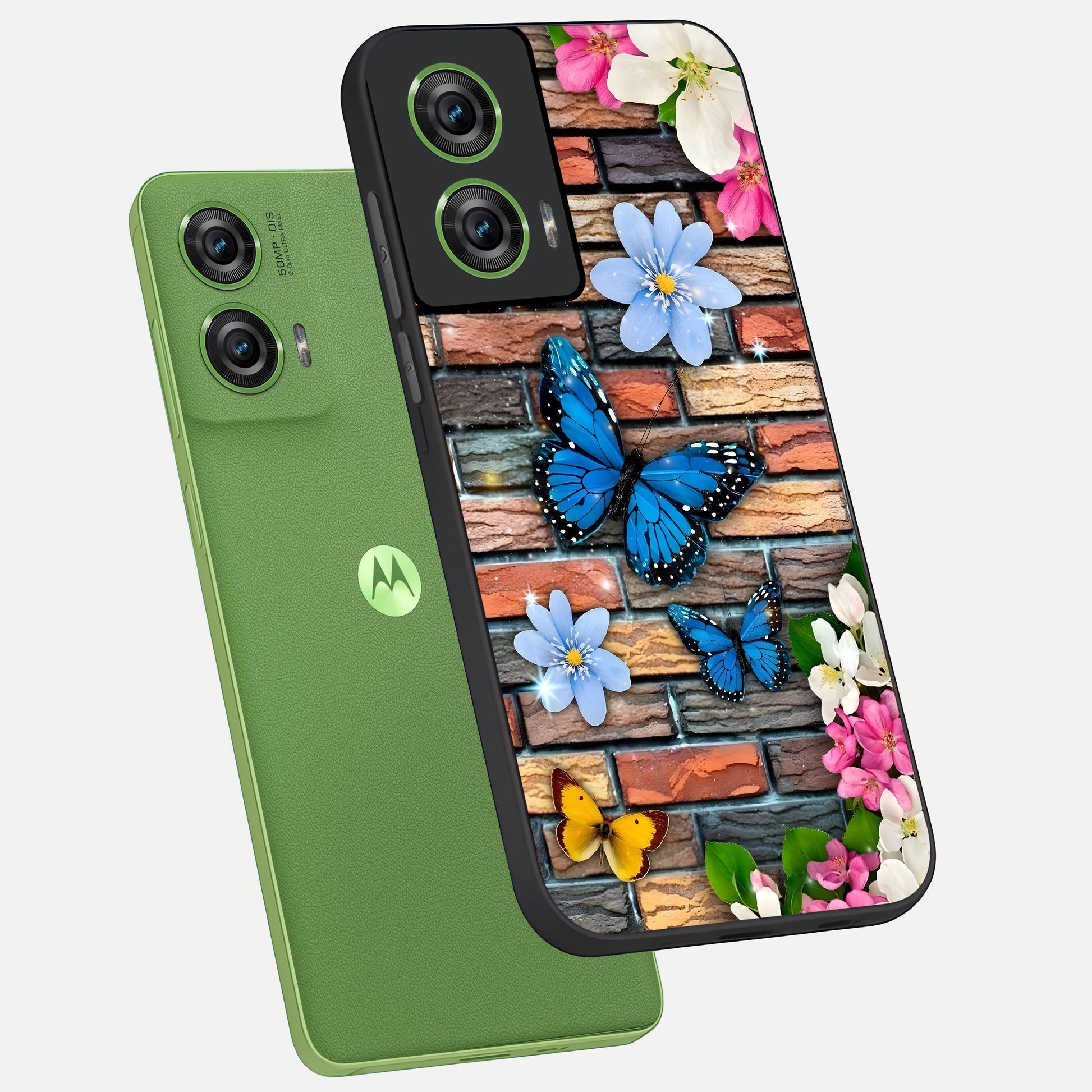  Brick Bloom Flight phone case For Moto Edge 50 Fusion showing premium glass back cover with detailed artwork