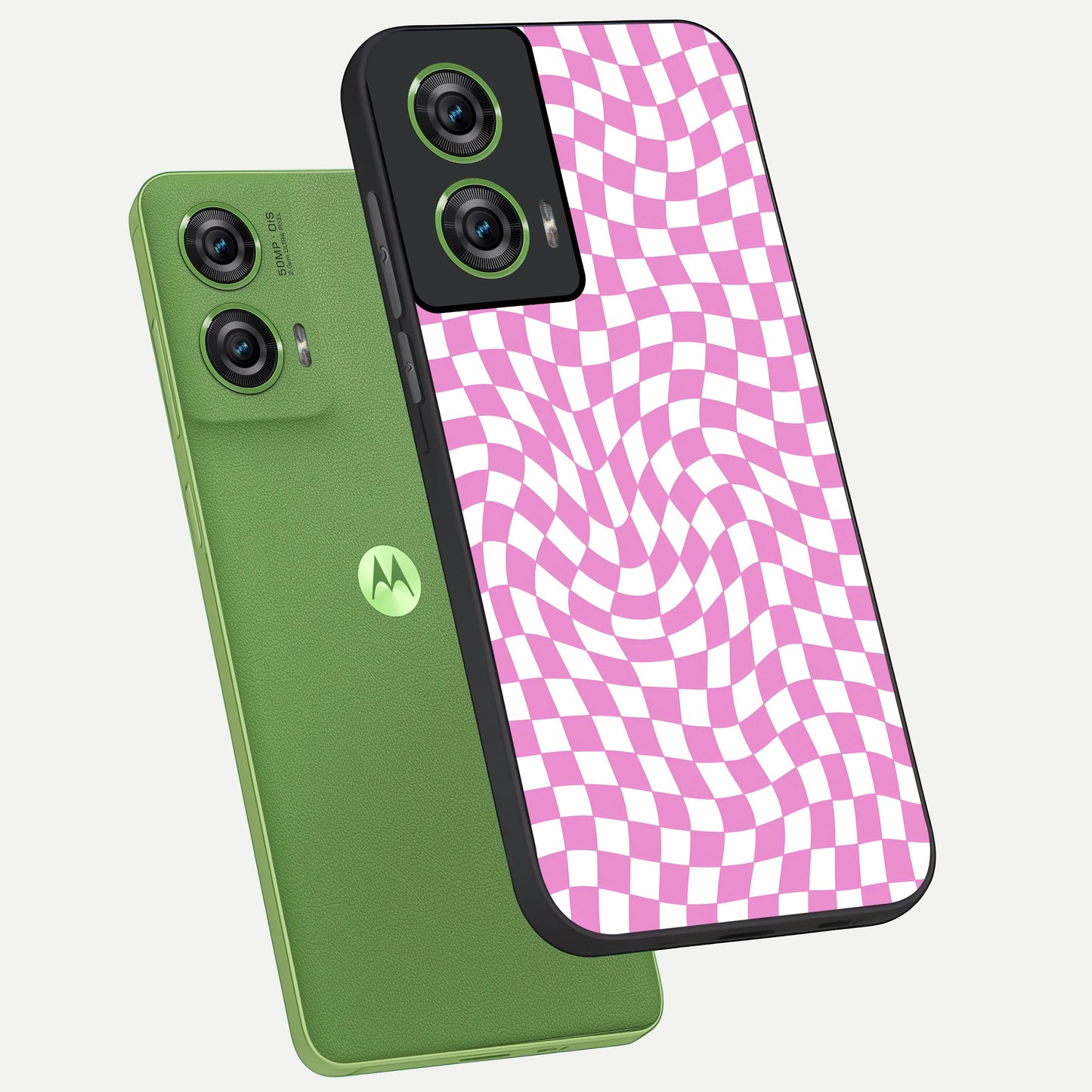  Bubblegum Check Wave phone case For Moto Edge 50 Fusion showing premium glass back cover with detailed artwork