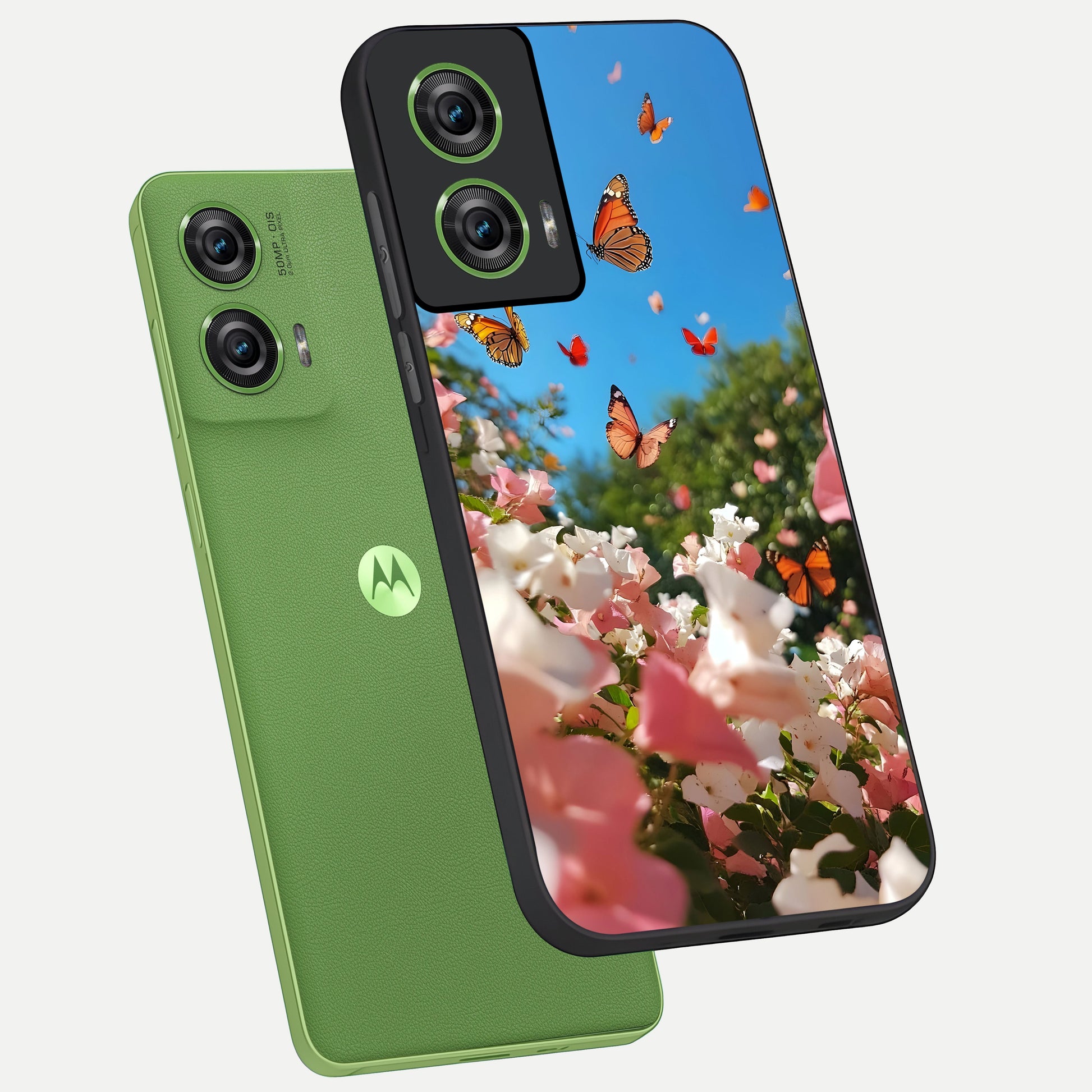  Butterflies In Bloom Sky phone case For Moto Edge 50 Fusion showing premium glass back cover with detailed artwork