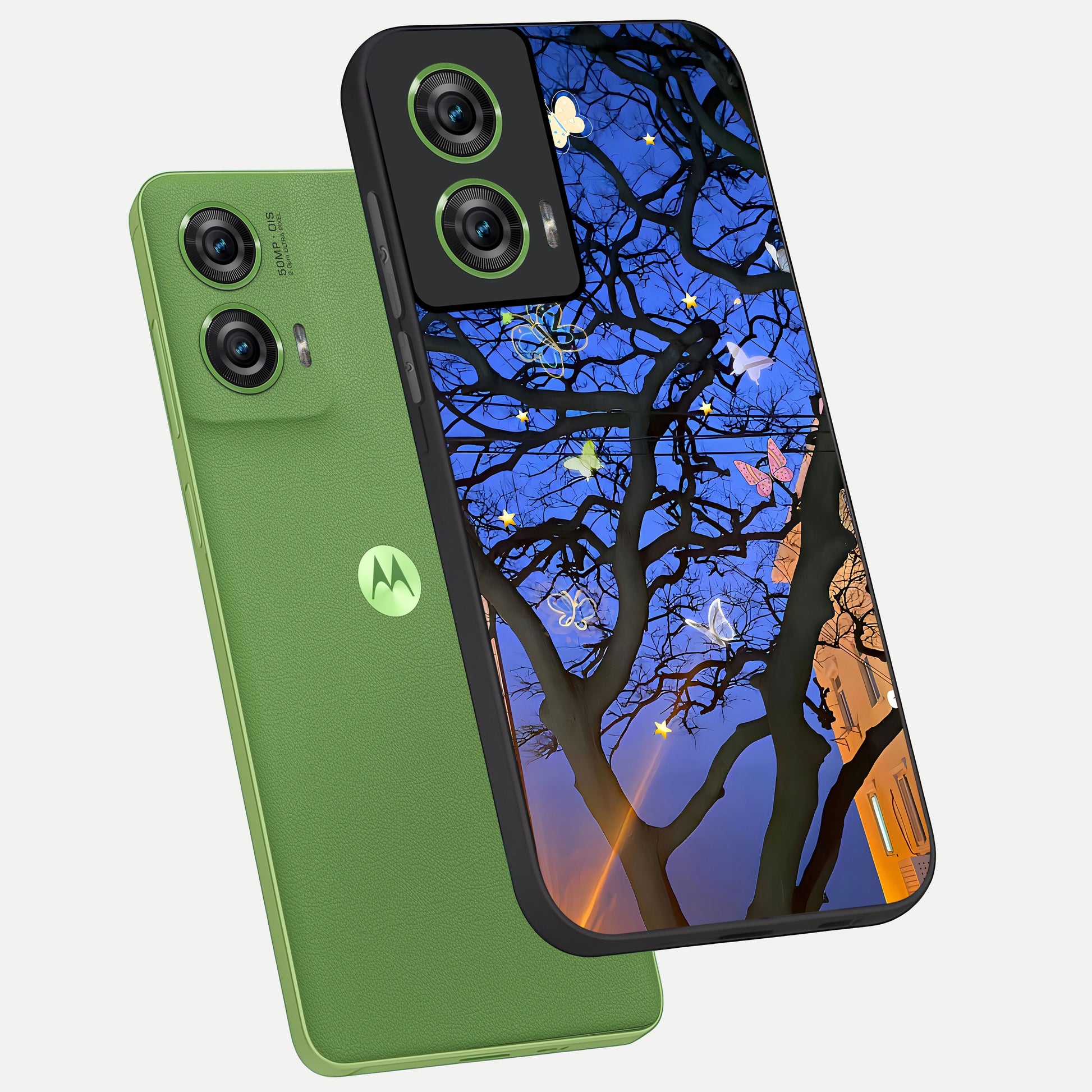  Butterfly Night Magic phone case For Moto Edge 50 Fusion showing premium glass back cover with detailed artwork