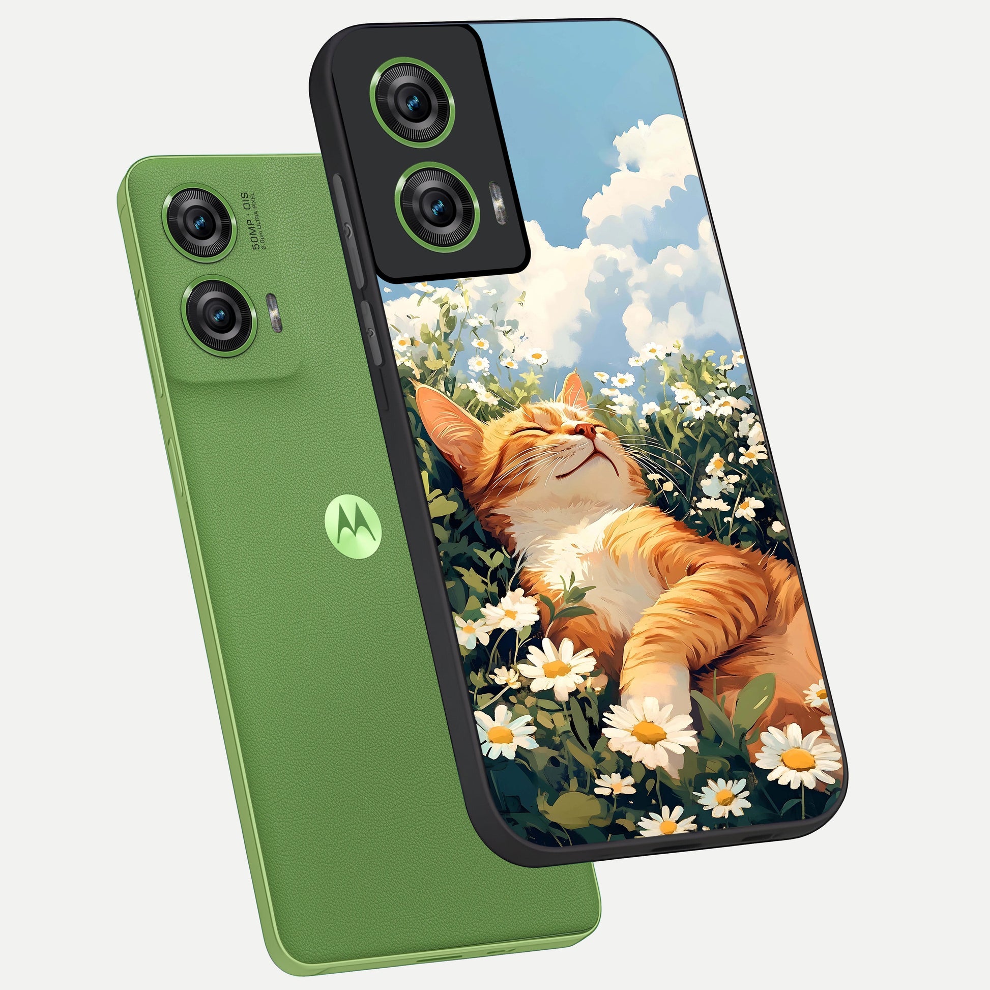  Cat And Flowers View phone case For Moto Edge 50 Fusion showing premium glass back cover with detailed artwork