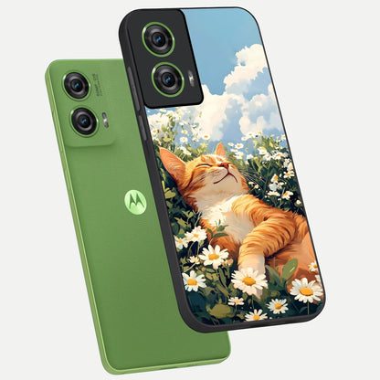  Cat And Flowers View phone case For Moto Edge 50 Fusion showing premium glass back cover with detailed artwork