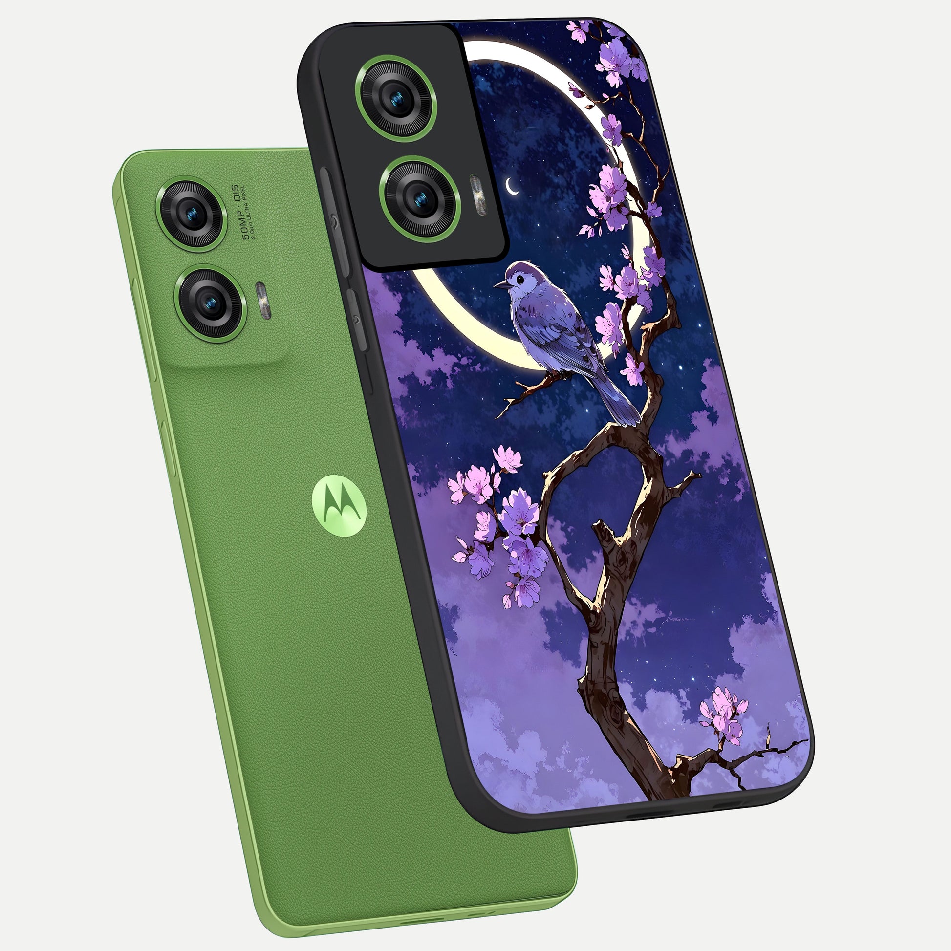  Celestial Bird Blossom phone case For Moto Edge 50 Fusion showing premium glass back cover with detailed artwork