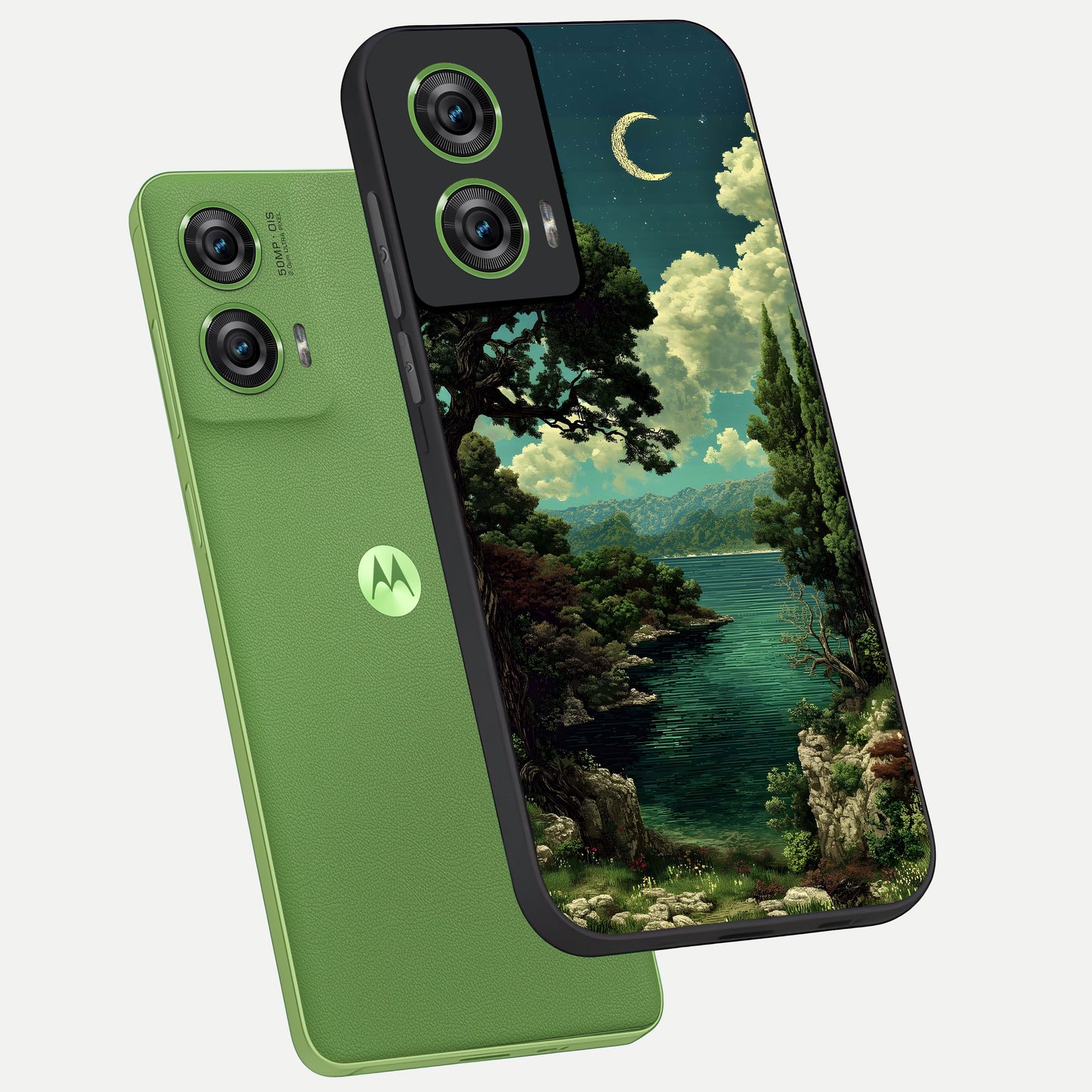  Celestial Lake Peace phone case For Moto Edge 50 Fusion showing premium glass back cover with detailed artwork