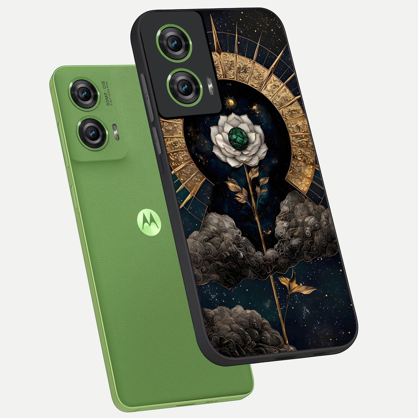  Celestial Lotus Morang phone case For Moto Edge 50 Fusion showing premium glass back cover with detailed artwork