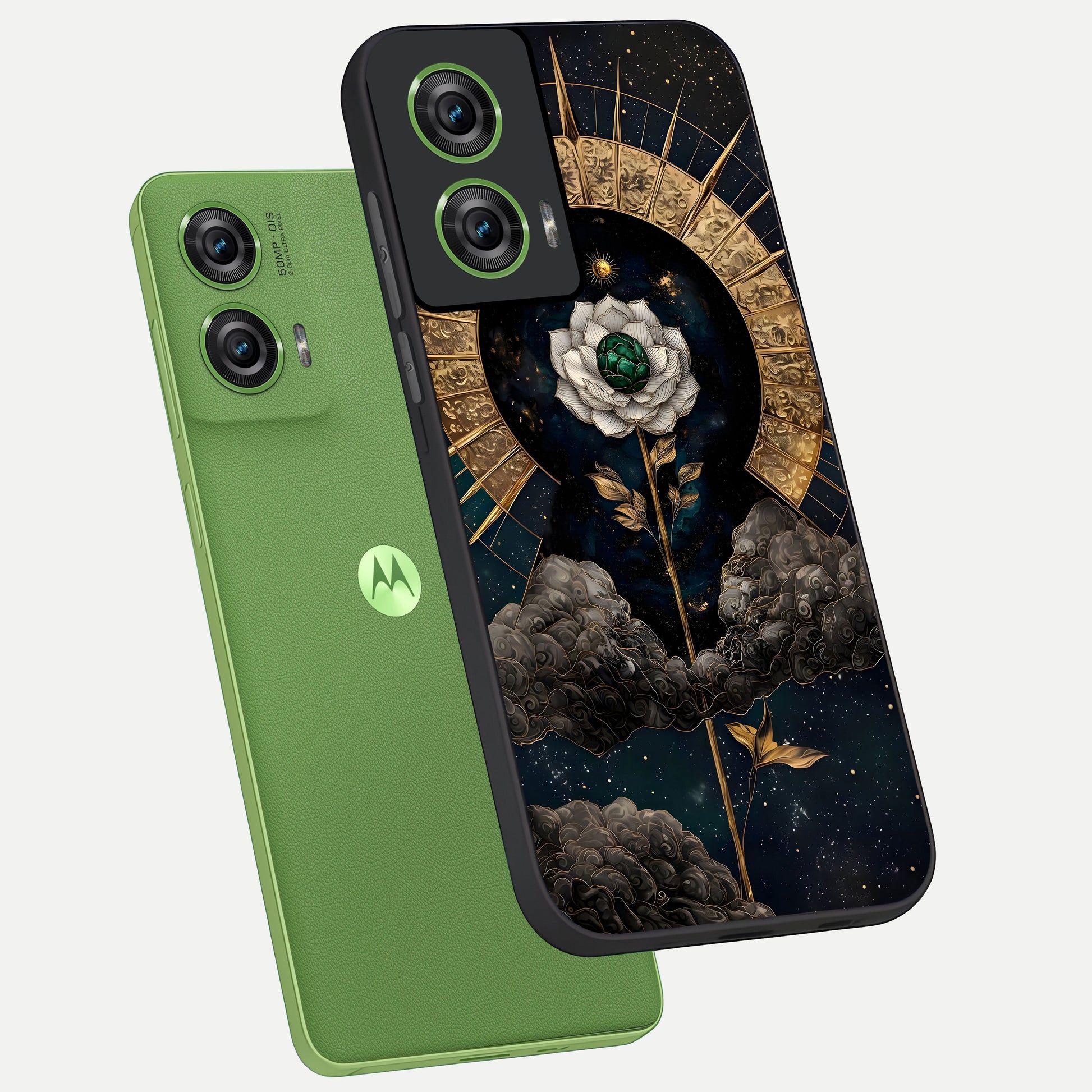 Celestial Lotus Morang phone case For Moto Edge 50 Fusion showing premium glass back cover with detailed artwork