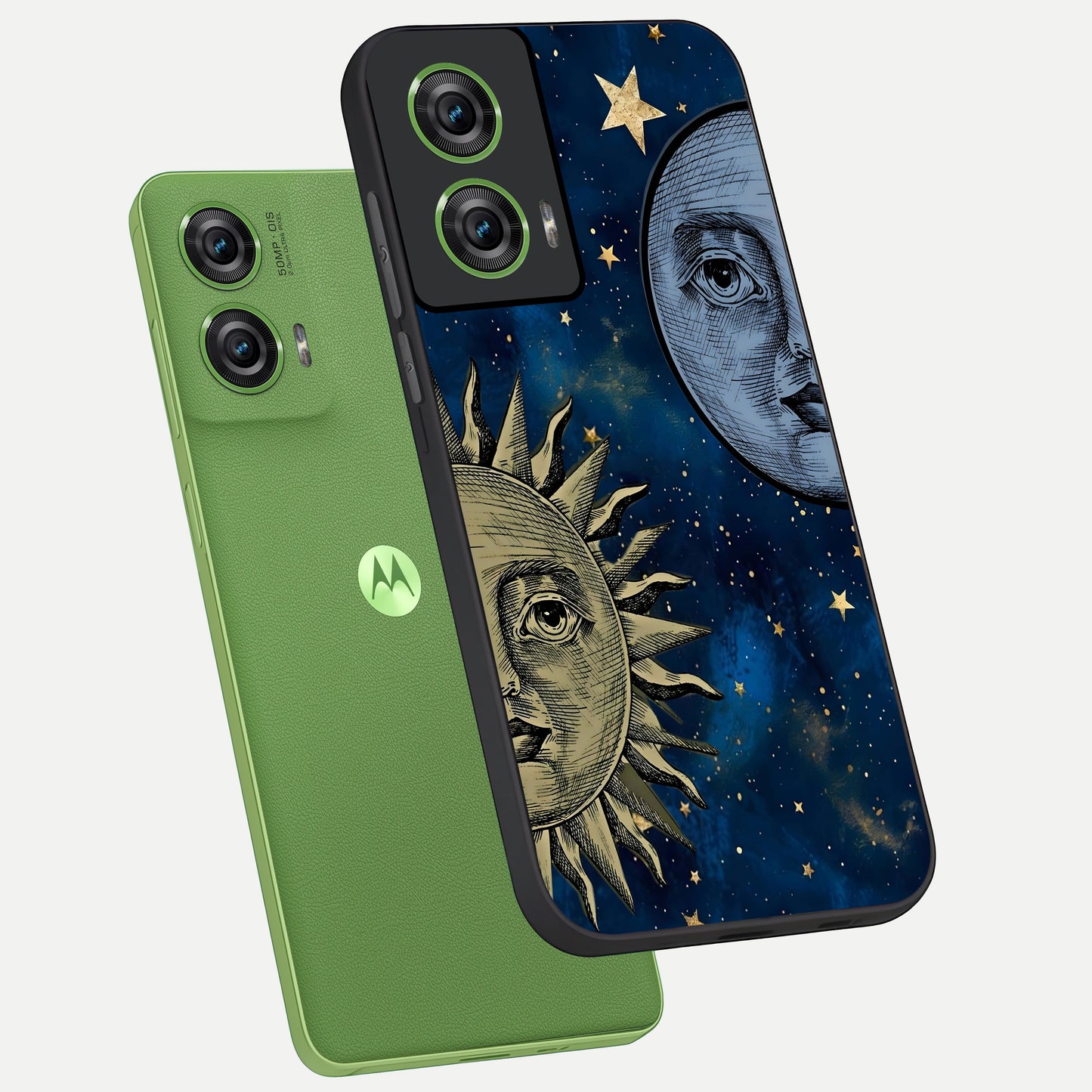  Celestial Moon With Sun phone case For Moto Edge 50 Fusion showing premium glass back cover with detailed artwork