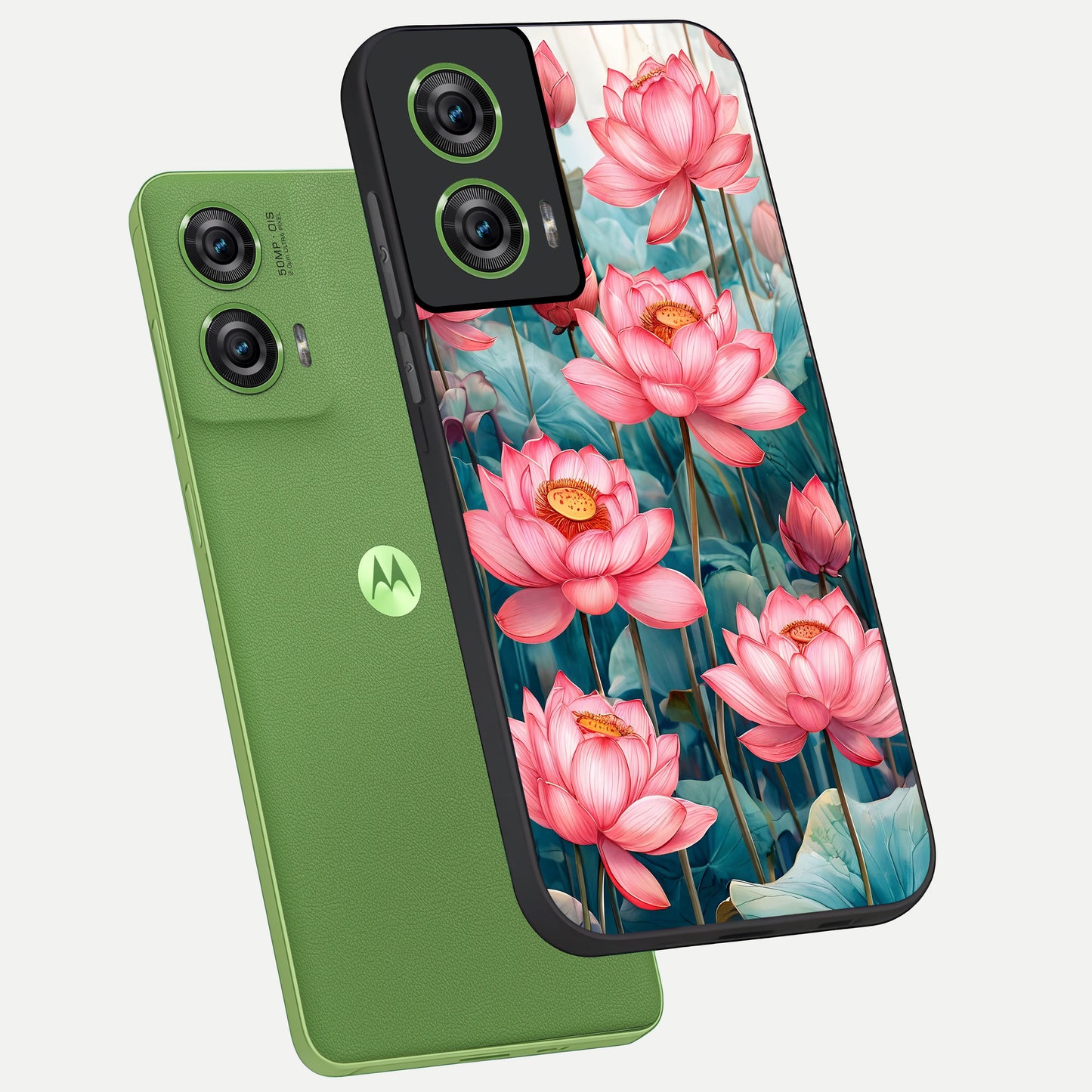  Celestial Pink Lotus phone case For Moto Edge 50 Fusion showing premium glass back cover with detailed artwork