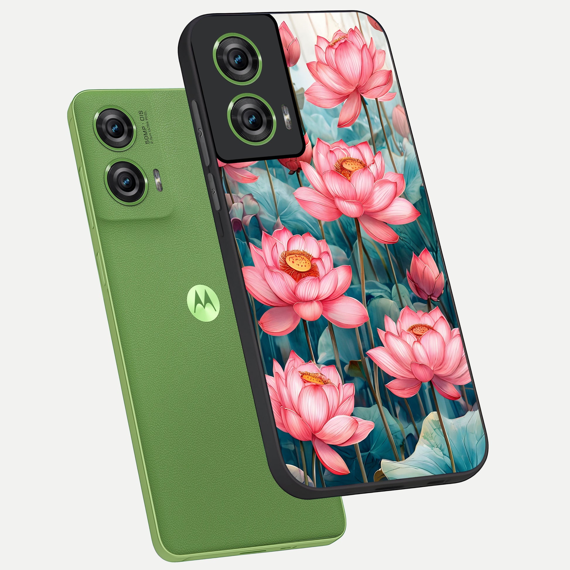  Celestial Pink Lotus phone case For Moto Edge 50 Fusion showing premium glass back cover with detailed artwork
