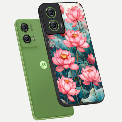  Celestial Pink Lotus phone case For Moto Edge 50 Fusion showing premium glass back cover with detailed artwork