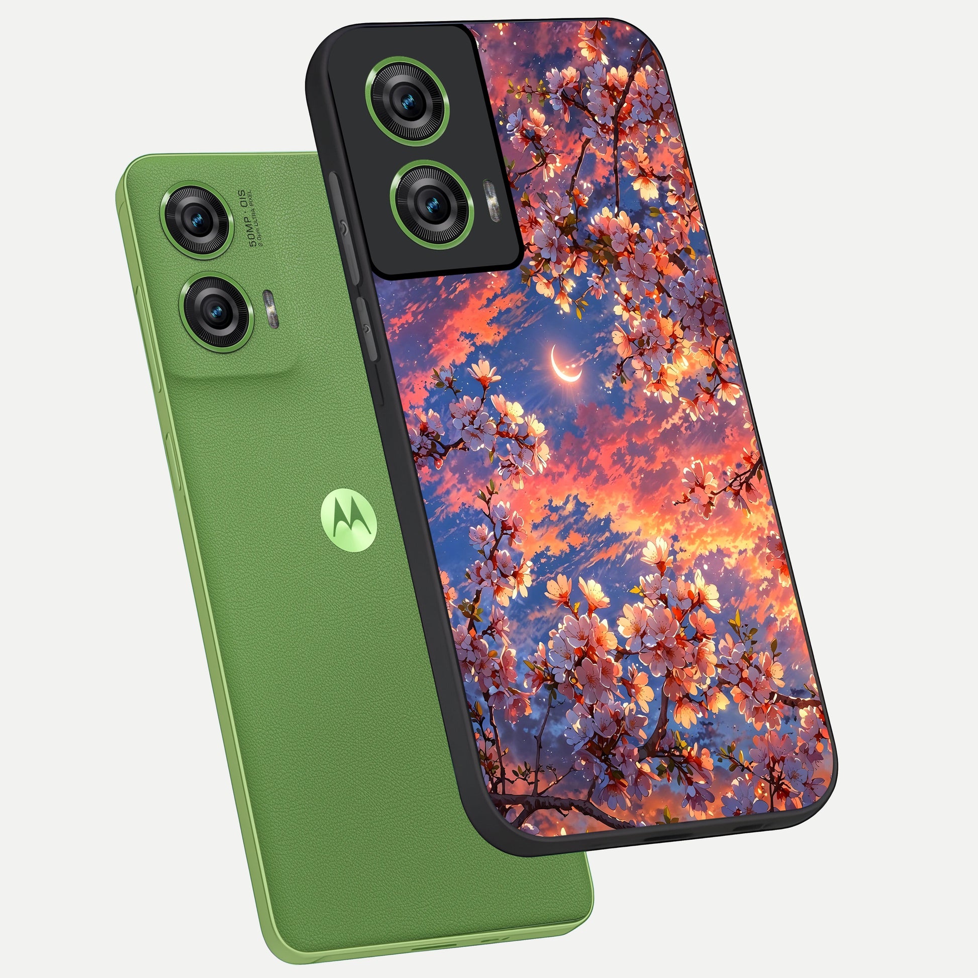  Celestial Sakura Sunset phone case For Moto Edge 50 Fusion showing premium glass back cover with detailed artwork