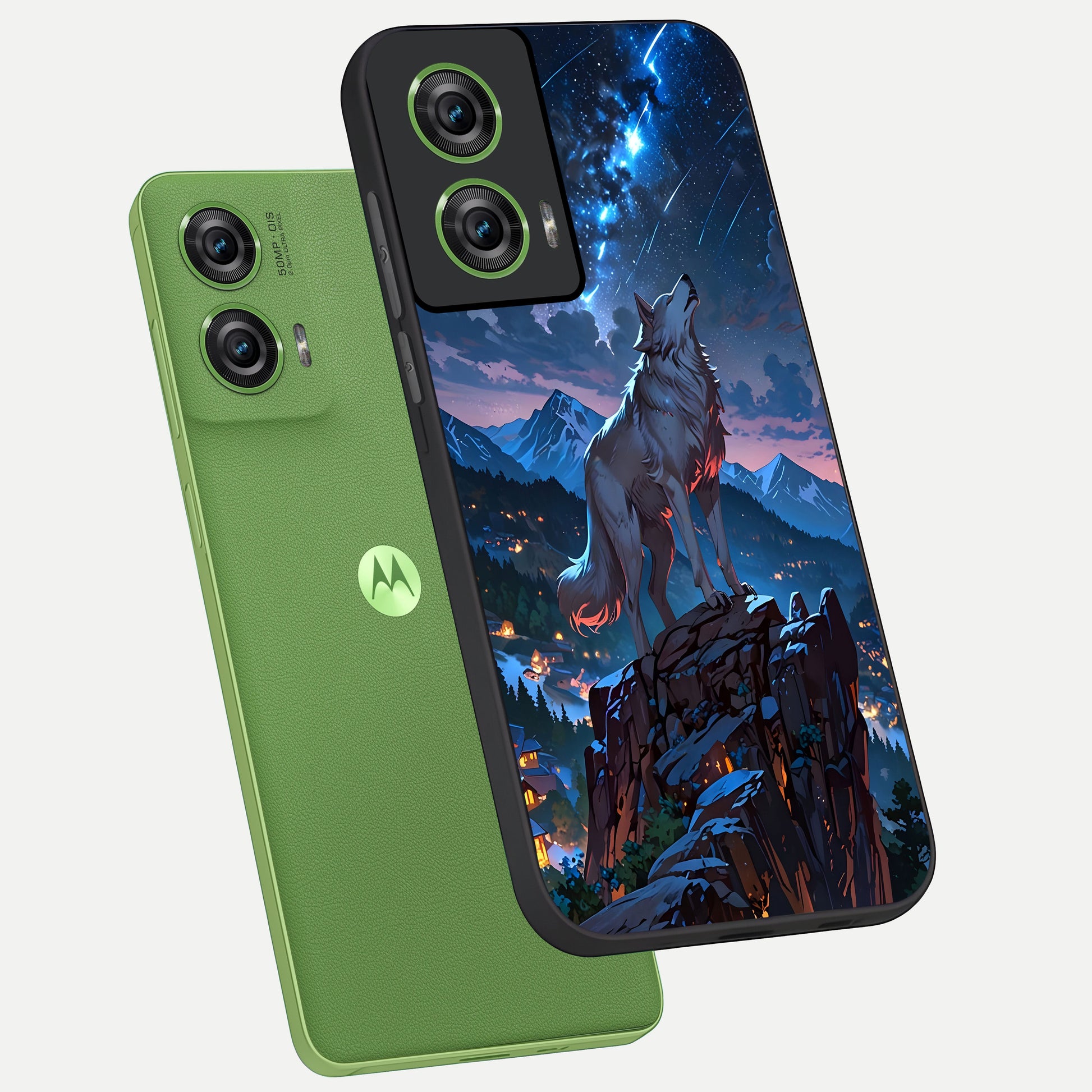  Celestial Wolf Howl phone case For Moto Edge 50 Fusion showing premium glass back cover with detailed artwork