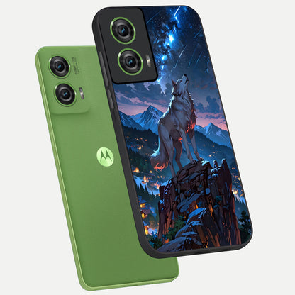  Celestial Wolf Howl phone case For Moto Edge 50 Fusion showing premium glass back cover with detailed artwork