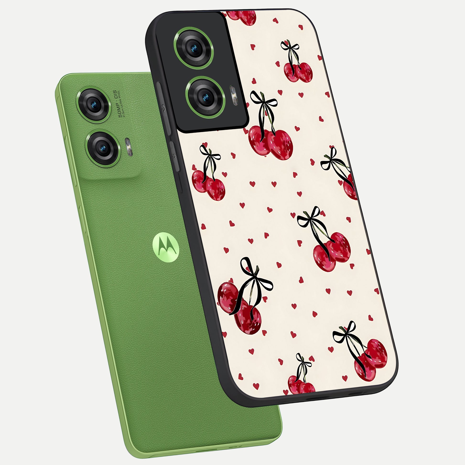  Cherry Heart Bow phone case For Moto Edge 50 Fusion showing premium glass back cover with detailed artwork