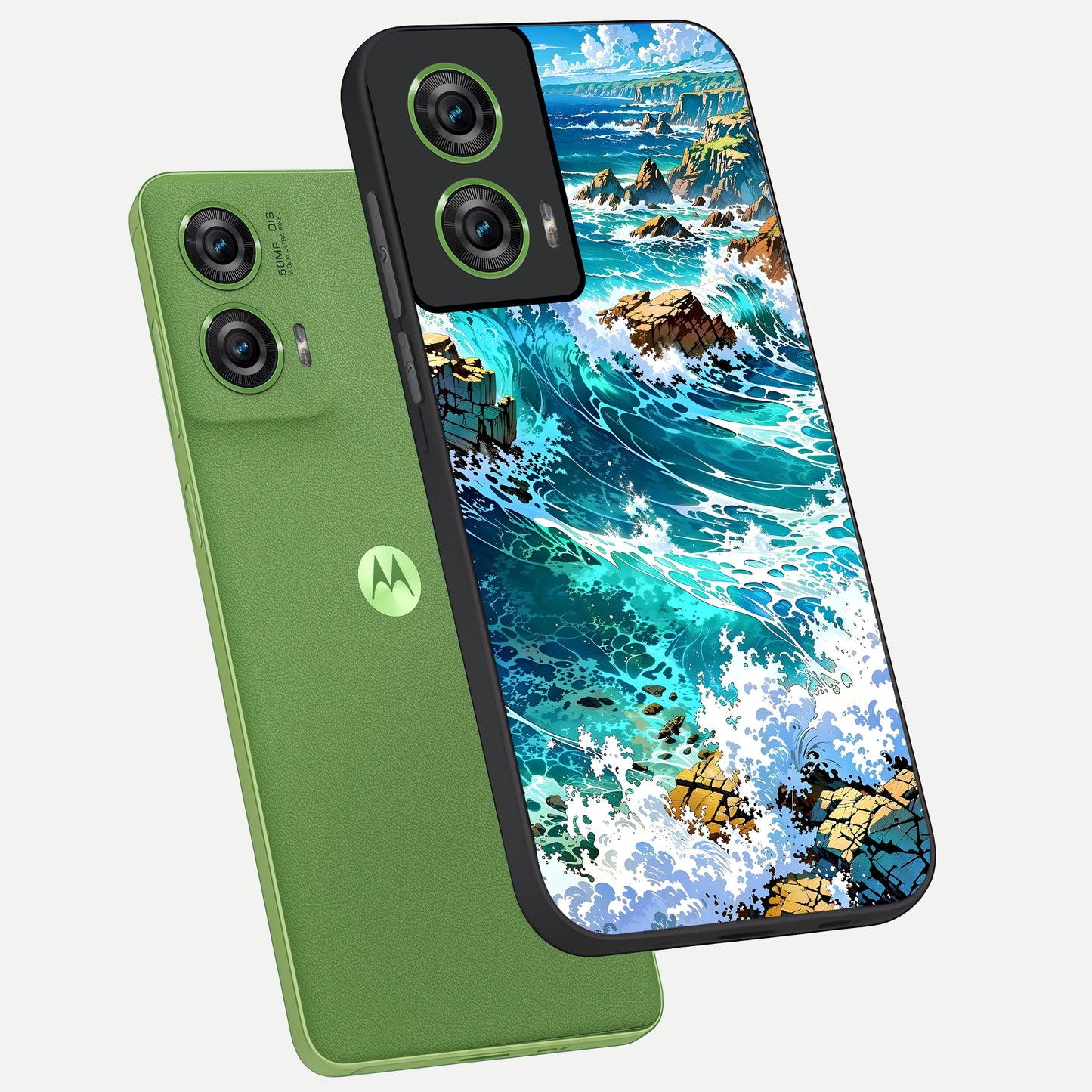  Coastal Blue Waves phone case For Moto Edge 50 Fusion showing premium glass back cover with detailed artwork