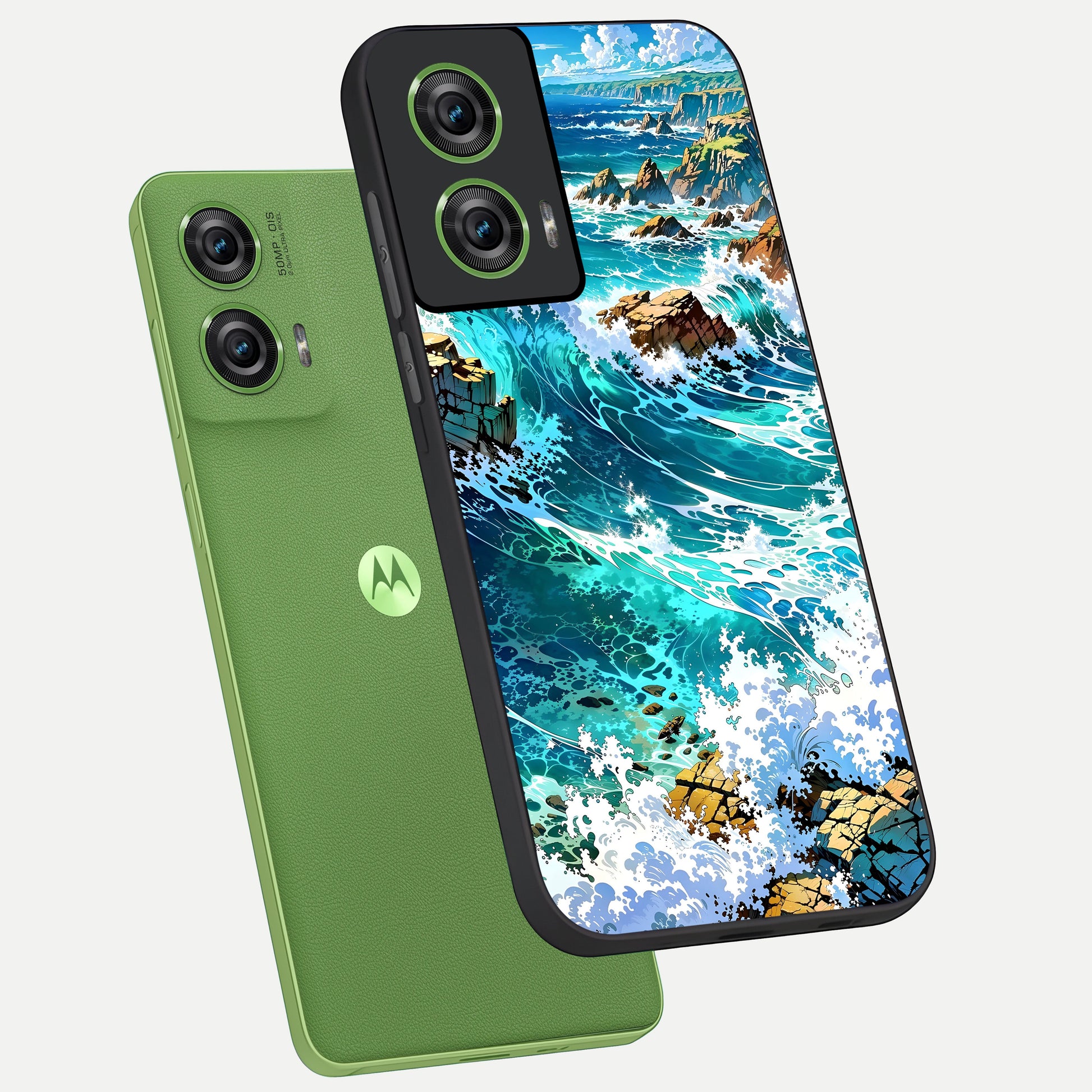  Coastal Blue Waves phone case For Moto Edge 50 Fusion showing premium glass back cover with detailed artwork