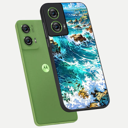  Coastal Blue Waves phone case For Moto Edge 50 Fusion showing premium glass back cover with detailed artwork